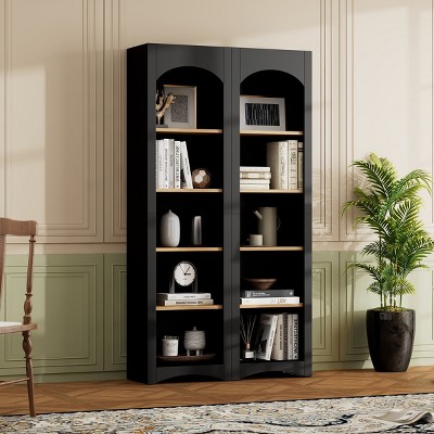 Bookshelf Set Of 2,Farmhouse Two-Tone Display Cabinet With Adjustable Shelves,5 Tier Bookshelves,Display Cabinet For Living Room-Cuddlewood