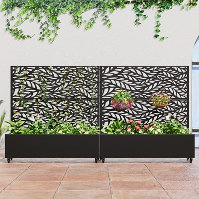 Wooakway Black Metal Planter Box with Trellis Raised Garden Bed with Arbor Privacy Screen with Wheels