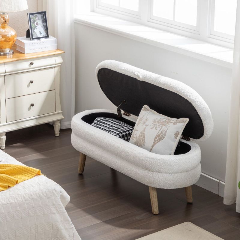 Boucle Storage Bedroom Bench,Indoor Oval Storage Bench with Solid Wood Legs-Maison Boucle, 3 of 10