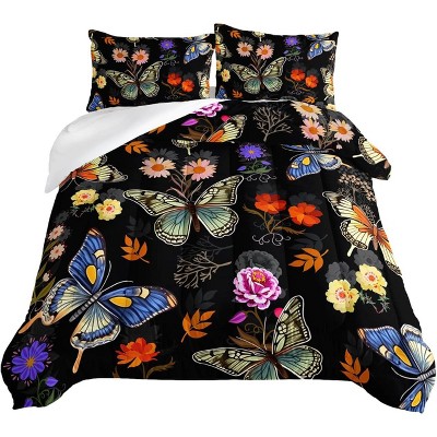 Black Floral Comforter Set, Colorful Butterfly and Floral Pattern Bedding Set