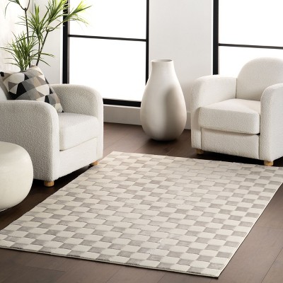 Cream and Gray Geometric Checkered Washable Area Rug