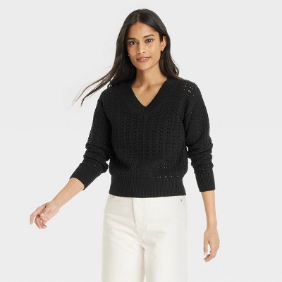 Women's Openwork V-Neck Pullover Sweater - Universal Thread™