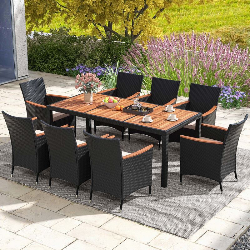 Costway 9 PCS Outdoor Dining Set with Acacia Wood Tabletop, Umbrella Hole, Seat Cushions, 1 of 11