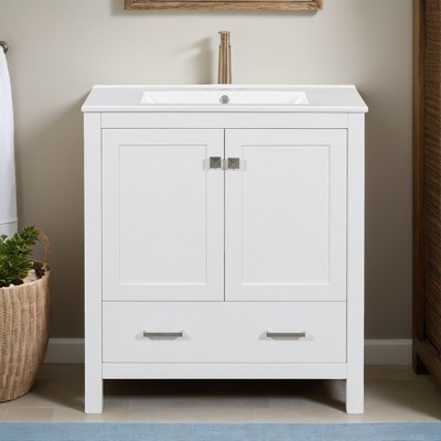 30" Bathroom Vanity with Single Sink, Bathroom Storage Cabinet with 2 Doors and a Drawer, Soft Closing - Leovsnove
