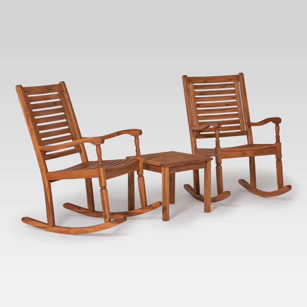 Ravenscroft 3pc Outdoor Set with Modern Acacia Slatted Rocking Chairs Brown Saracina Home