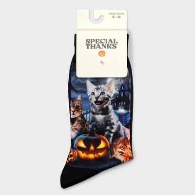 Men's Special Thanks Halloween Black Cats & Pumpkin Crew Socks - 6-12
