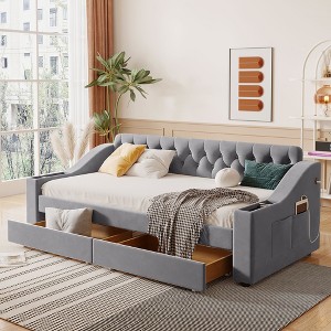 Twin Size Upholstered Daybed with Storage Armrests and USB Port - 1 of 4