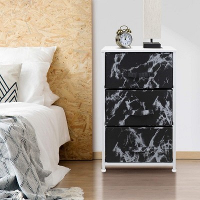 White Frame Black Marble 3-Drawer Nightstand with Fabric Bins