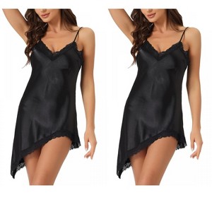 INSPIRE CHIC Women's 2 Pcs V Neck Lingerie Nightgown Lace Trim Mini Satin Full Slip Nightdress - 1 of 4