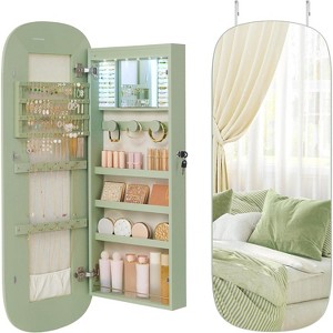 LED Jewelry Cabinet Wall/Door Mounted with Lock, Rounded Wide Mirror & Interior Storage, 3.9x16.5x42.5 Inches, White - 1 of 4