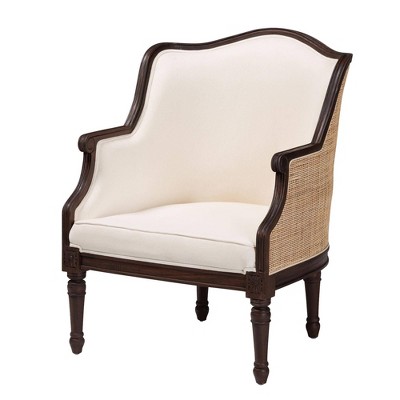 Beige and Dark Brown Carved Wood Accent Chair with Woven Rattan