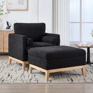 Lyngins Textured Boucle Accent Chair, Modern Farmhouse Square Armchair with Natural Wood Legs, Single Sofa Chair with 2 Pillows for Living Room - 1 of 4