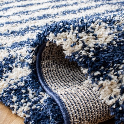 Navy and Ivory Striped Round Shag Area Rug, 8' x 10'