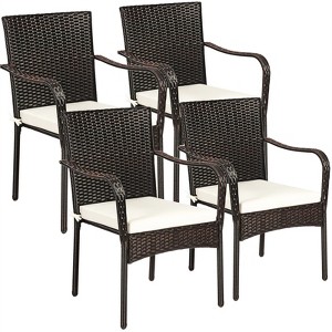 Tangkula 4 PCS Stackable Rattan Chairs Outdoor Dining Chairs w/Cushion for Porch Yard Garden - 1 of 4