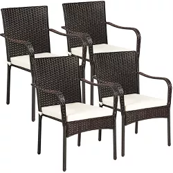 Tangkula 4 PCS Stackable Rattan Chairs Outdoor Dining Chairs w/Cushion for Porch Yard Garden