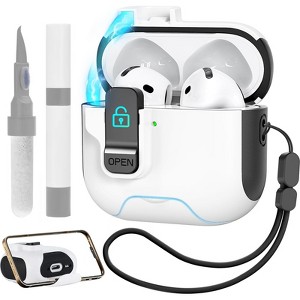 HTUTWOO for AirPods 4 Case with Secure Lock ,Automatic Magnetic Lock with Phone Holder Function,Shockproof Hard Protective Cover & Cleaner Kit-White - 1 of 4