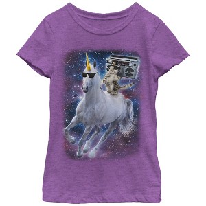 Girl's Lost Gods Boombox Cat and Unicorn Space Song T-Shirt - 1 of 3