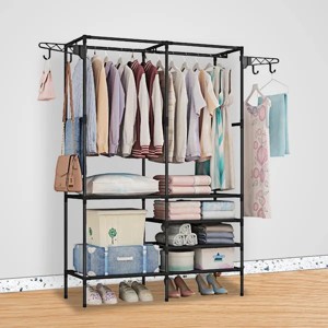 66" Garment Racks For Hanging Clothes, Freestanding Closet Wardrobe, Clothing Shoe Organizer With 6 Shelves For Bedroom - 1 of 4