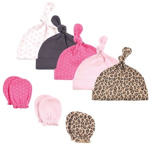 Hudson Baby Infant Boy Cotton Cap and Scratch Mitten Set, Leopard, 0-6 Months - 1 of 4