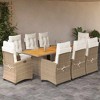 vidaXL 9 Piece Patio Dining Set - Beige PE Rattan/Powder-Coated Steel Seating with Acacia Wood Table & Cushions for Garden, Patio, Backyard - 2 of 4