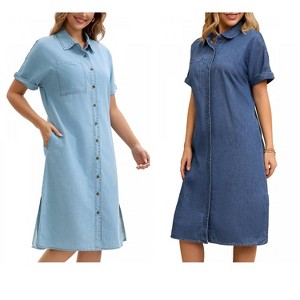 INSPIRE CHIC Women's Midi Denim Summer Short Sleeve Button Down Casual Long Tunic Jean Shirt Dress 2 Packs - 1 of 4