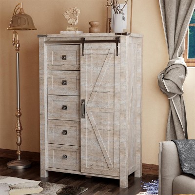 SinCiDo Farmhouse Modern 5 Drawer Tall Dresser w/Sliding Barn Door, Storage Organizer Dresser for Bedroom, Living Room & Kids Room