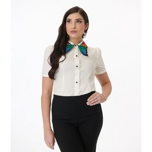 Unique Vintage Women's Collar Cotton Blouse White & Rainbow Butterfly - 1 of 4