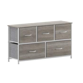 Emma and Oliver 5 Drawer Storage Dresser with Cast Iron Frame, Wood Top, and Easy Pull Fabric Drawers with Wooden Handles