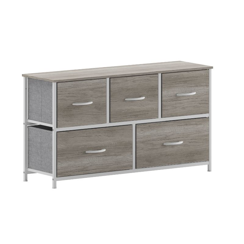 Emma and Oliver 5 Drawer Storage Dresser with Cast Iron Frame, Wood Top, and Easy Pull Fabric Drawers with Wooden Handles, 1 of 12