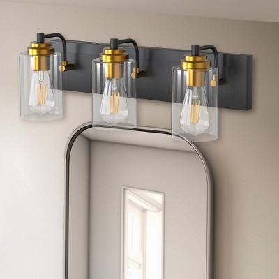 YANSUN 3-Light Matte Black Metal Vanity Light Farmhouse Industrial Wall Sconce with Clear Glass Shade Gold Socket Cups