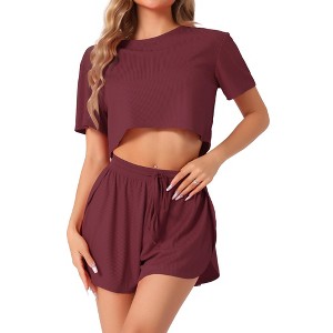 INSPIRE CHIC Women's Short Sleeve Ribbed Knit Side Slits Shorts Pajama Sets 2 Pcs - 1 of 4