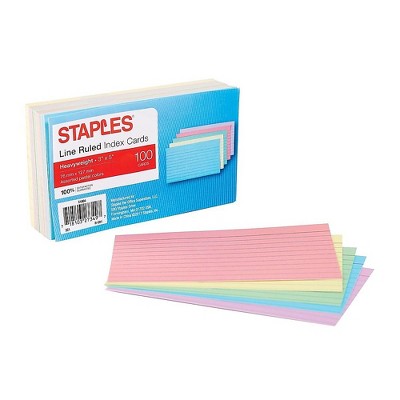 Staples Heavyweight Ruled 3" x 5" Index Cards Assorted Pastel 100/PK (51004) TR51004