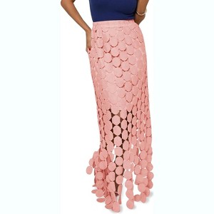 Boho Hollow Out Maxi Skirt for Women, High Waisted Long Skirt with Fringe Hem for Summer Light Pink - 1 of 4