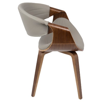 Walnut Wood & Grey Faux Leather Mid-Century Arm Chair