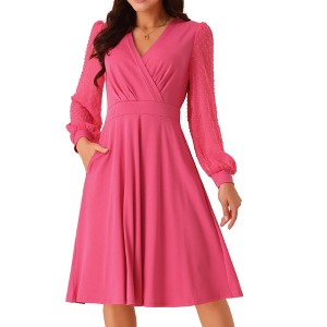 Seta T Women's V Neck Wrap Swiss Dots Semi-Sheer Lantern Long Sleeves Midi Swing Dresses - 1 of 4