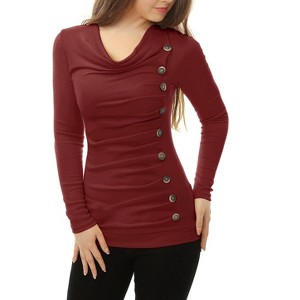 Allegra K Women's Cowl Neck Long Sleeves Buttons Decor Solid Ruched Top - 1 of 4