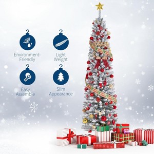 9 FT Slim Artificial Christmas Tree with Premium PVC Tips,Large Flocked Pencil Christmas Tree with Lights,Snowy Branch Tips,Metal Stand - 1 of 4