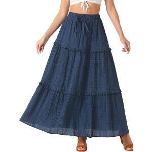 Allegra K Women's High Waist Tiered Belt Ruffle Lattice Texture Casual A Line Maxi Skirt - 1 of 4