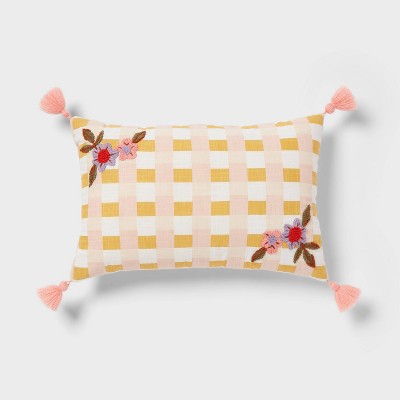 Checkered with Flower Embroidery Kids' Decorative Pillow - Pillowfort™