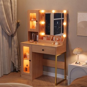 Vanity Desk Table with Lighted Mirror,Makeup Vanitys Set with Drawers & Cabinets, Storage,Power Outlet,Adjustable Brightness Bulbs
for Bedroom - 1 of 4