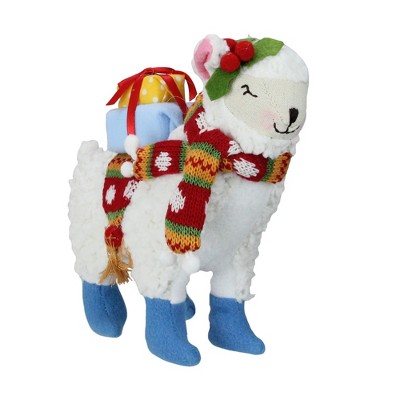 Raz Imports 8.5" White and Blue Plush Llama with Holly Plant Christmas Tabletop Figure