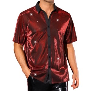 Lars Amadeus Men's See-Through Short Sleeves Party Disco Shiny Glitter Shirts - 1 of 4