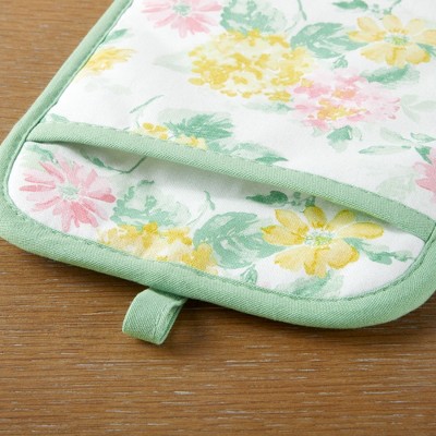 Pink and Yellow Floral Cotton Oven Mitt and Pot Holder Set