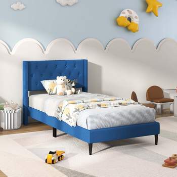Costway Twin Size Upholstered Platform Bed with Button Tufted Wingback Headboard Blue/Grey