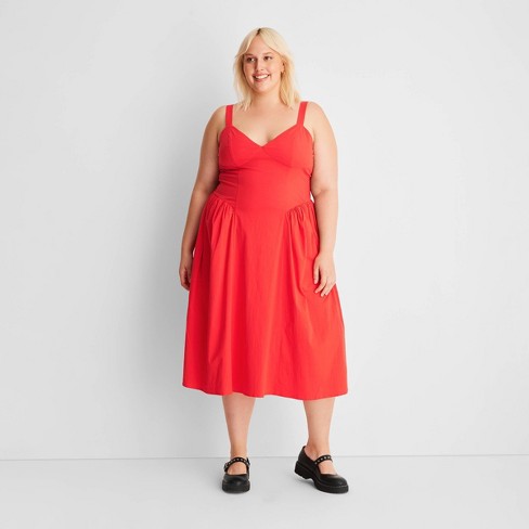 Dresses  Womens COS PUFF-SLEEVE BELTED DRESS RED ~ Theatre Collective