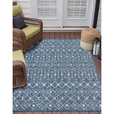 Blue Rectangular Outdoor Trellis Synthetic Area Rug