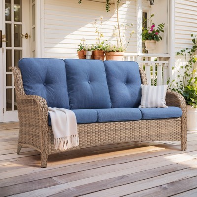 Buenhomino Outdoor Patio Couch Wicker Sofa - 3 Seater Rattan Sofa for Outside Patio Garden with Deep Seating and Olefin Cushions