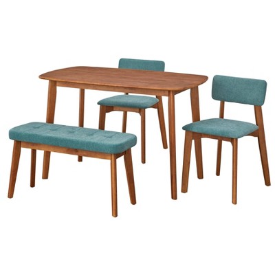 Nettie Walnut and Teal Mid-Century Modern Dining Set with Bench