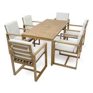 TiramisuBest 4-Person Outdoor Wooden Dining Set with Umbrella Hole & Removable Cushions Patio Backyard Garden Antique Gray - 1 of 4