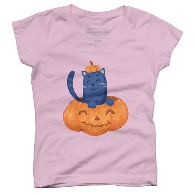 Girl's Design By Humans Halloween Cat In A Pumpkin By wubbadub T-Shirt